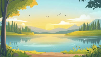 Lago Sereno ao Amanhecer com Reflexo Dourado e Paisagem Natural Tranquila