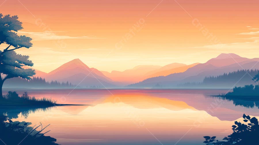 Paisagem de lago ao entardecer montanhas