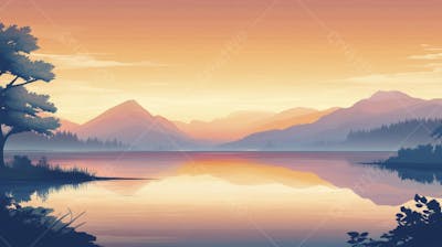 Lago Sereno ao Amanhecer com Reflexo Dourado e Paisagem Natural Tranquila