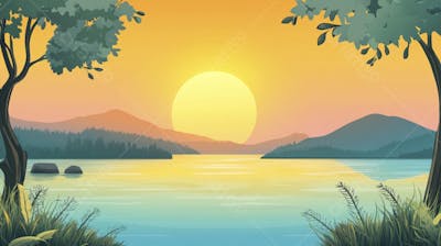 Lago Sereno ao Amanhecer com Reflexo Dourado e Paisagem Natural Tranquila