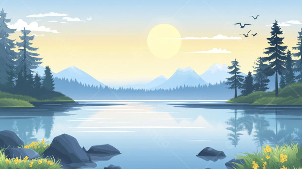 Lago Sereno ao Amanhecer com Reflexo Dourado e Paisagem Natural Tranquila