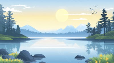 Lago Sereno ao Amanhecer com Reflexo Dourado e Paisagem Natural Tranquila