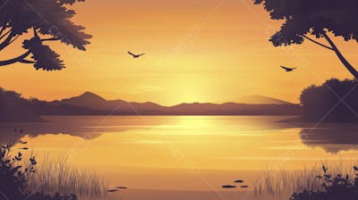 Lago Sereno ao Amanhecer com Reflexo Dourado e Paisagem Natural Tranquila
