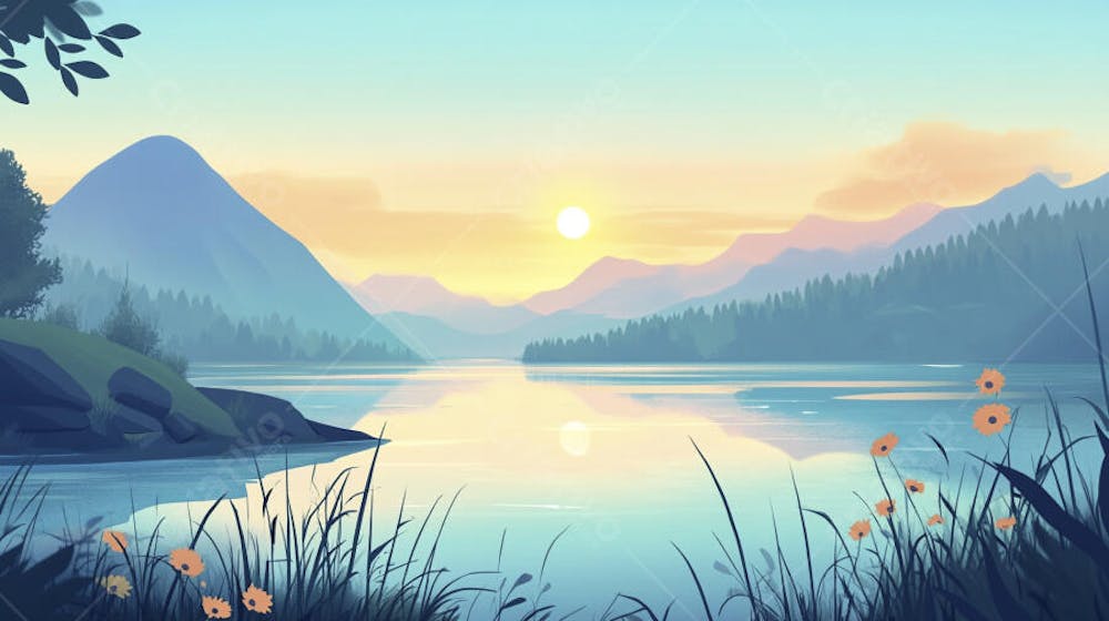 Lago Sereno ao Amanhecer com Reflexo Dourado e Paisagem Natural Tranquila