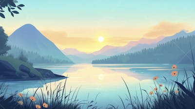 Lago Sereno ao Amanhecer com Reflexo Dourado e Paisagem Natural Tranquila
