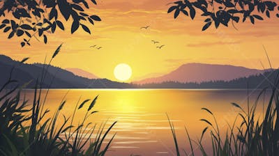 Lago Sereno ao Amanhecer com Reflexo Dourado e Paisagem Natural Tranquila