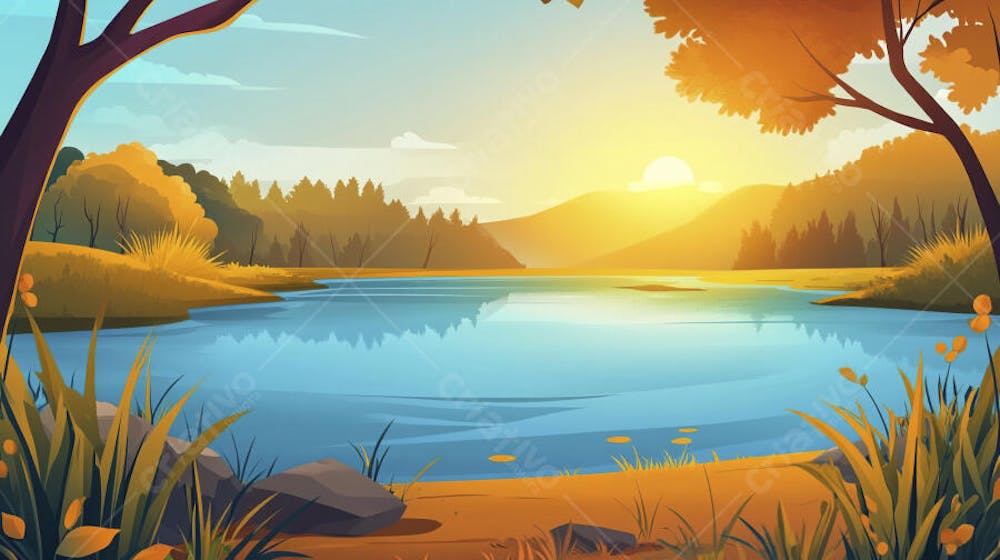 Lago Sereno ao Amanhecer com Reflexo Dourado e Paisagem Natural Tranquila