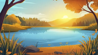 Lago Sereno ao Amanhecer com Reflexo Dourado e Paisagem Natural Tranquila