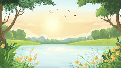 Lago Sereno ao Amanhecer com Reflexo Dourado e Paisagem Natural Tranquila