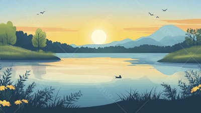 Lago Sereno ao Amanhecer com Reflexo Dourado e Paisagem Natural Tranquila
