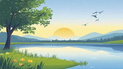 Lago Sereno ao Amanhecer com Reflexo Dourado e Paisagem Natural Tranquila