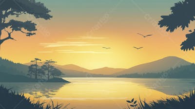 Lago Sereno ao Amanhecer com Reflexo Dourado e Paisagem Natural Tranquila