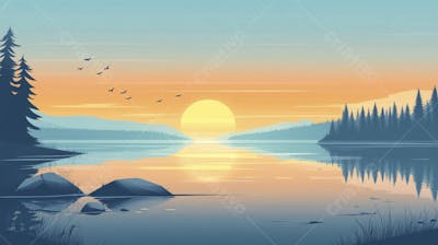 Lago Sereno ao Amanhecer com Reflexo Dourado e Paisagem Natural Tranquila