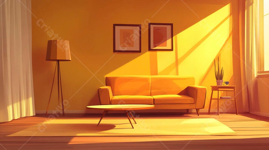 Sala de estar aconchegante com sofá amarelo