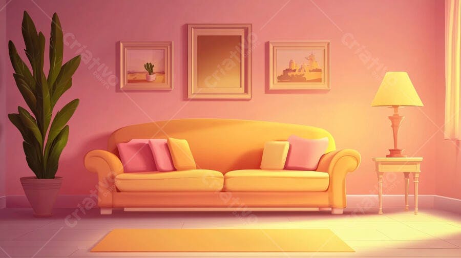 Sofá amarelo em sala rosa claro aconchegante