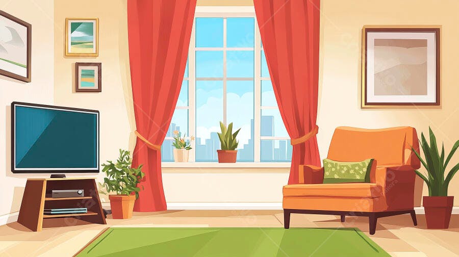Sala de estar moderna com poltrona laranja e vista para a cidade