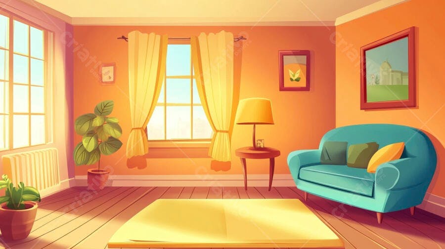 Sala de estar aconchegante com sofá azul