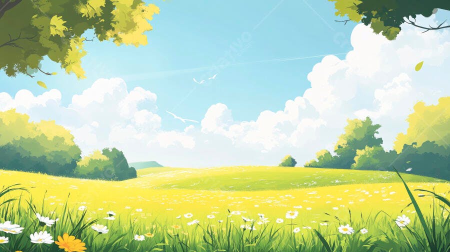 Campo de Margaridas sob Céu Azul Primaveril