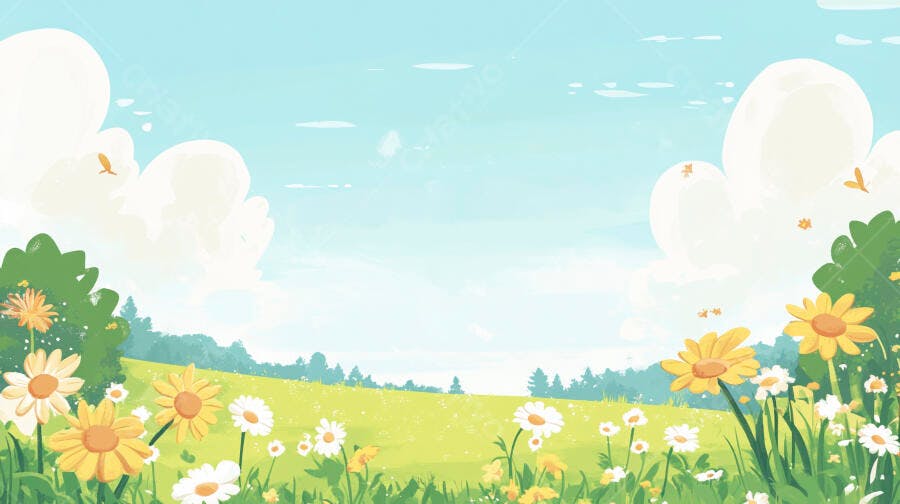 Campo florido com margaridas e céu azul