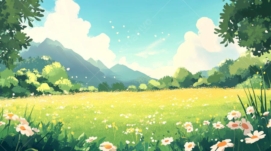 Campo florido com margaridas e montanhas ao fundo