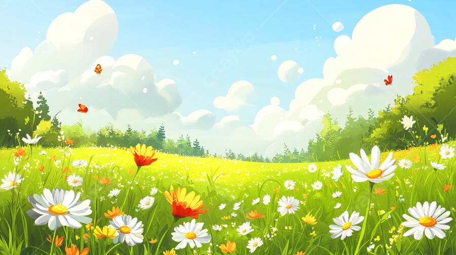 Campo de margaridas e flores silvestres dia ensolarado