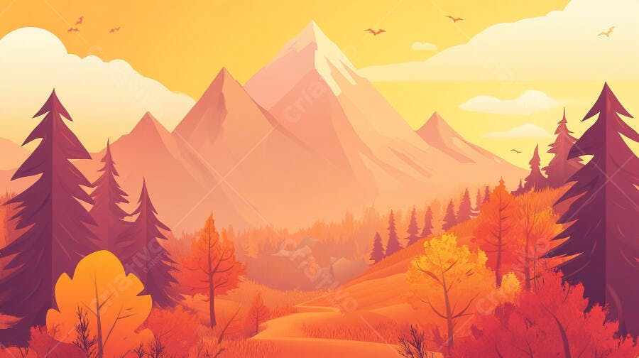 Paisagem Outonal Montanhosa ao Pôr do Sol