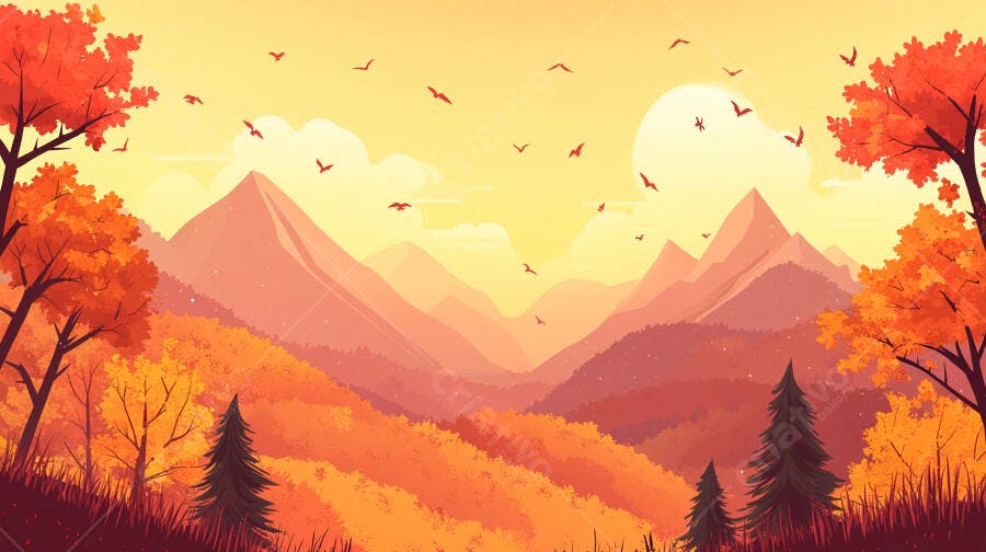 Paisagem Outoninal Montanhas e Pássaros