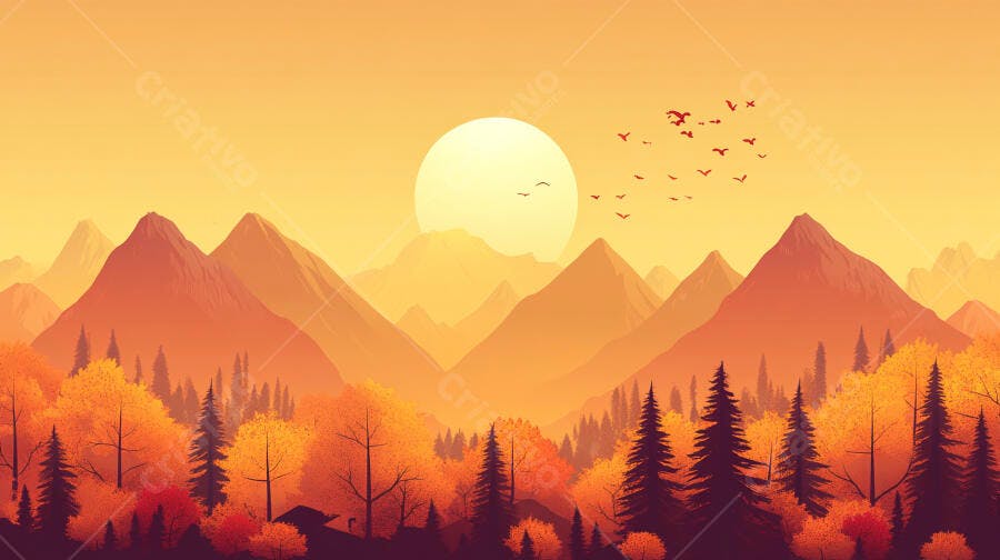 Paisagem Outonal Montanhosa ao Pôr do Sol