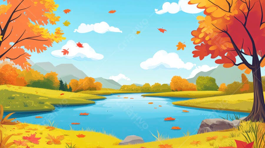 Paisagem Outonal Rio e Folhas