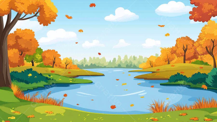 Paisagem Outonal Lago e Árvores Amarelas