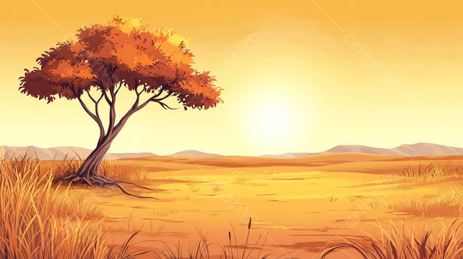 Árvore solitária na savana ao entardecer