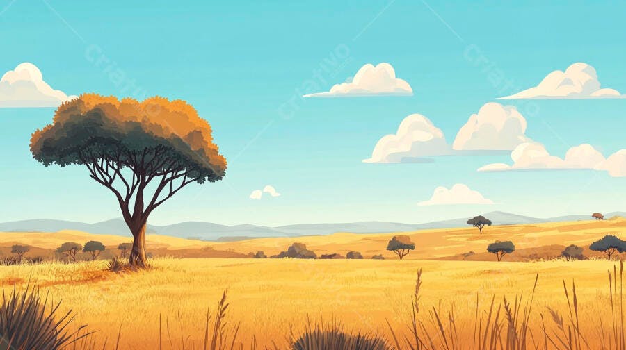 Savana africana com árvore solitária ao sol