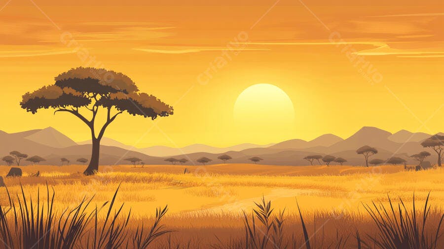 Savana africana ao pôr do sol