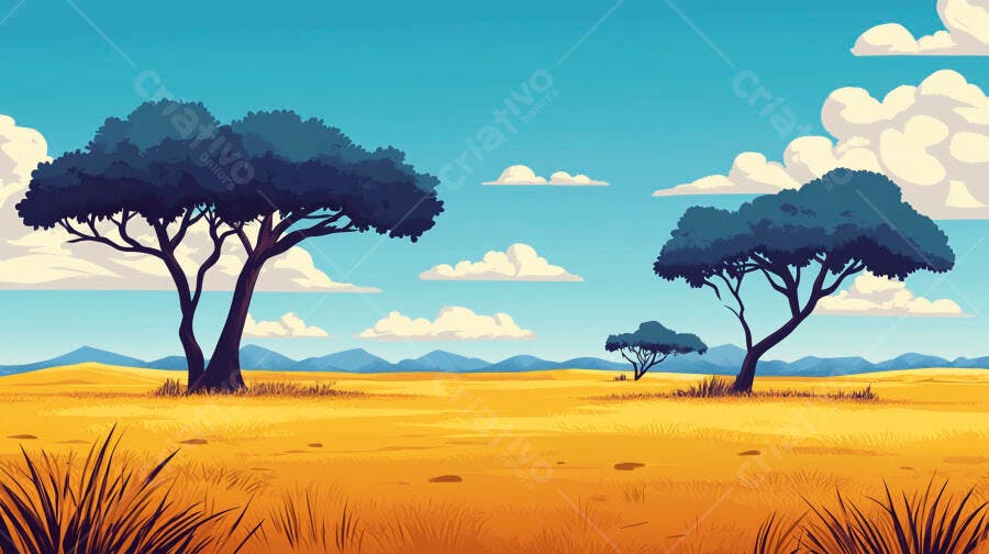 Savana africana com árvores e céu azul