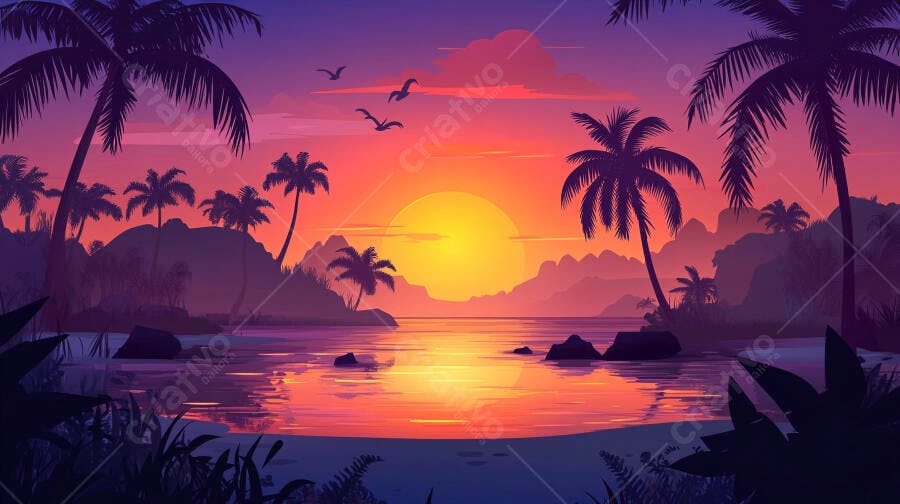 Pôr do sol tropical com palmeiras