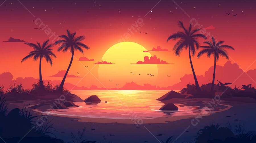Pôr do sol tropical com palmeiras