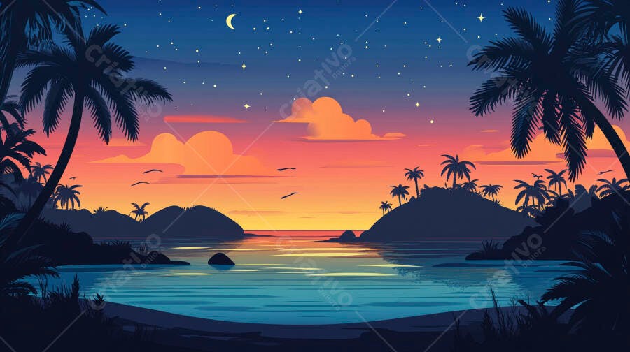 Paisagem tropical ao pôr do sol
