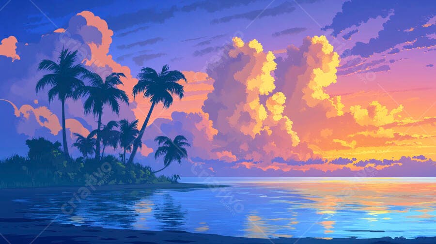 Pôr do sol tropical com palmeiras