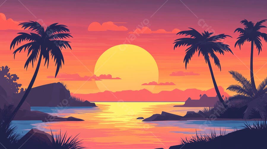 Pôr do sol tropical com palmeiras