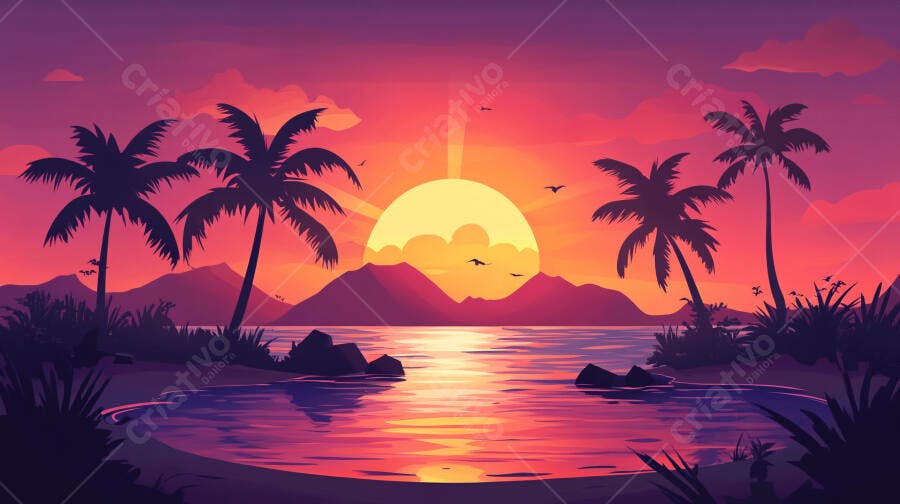 Pôr do sol tropical com palmeiras silhuetas