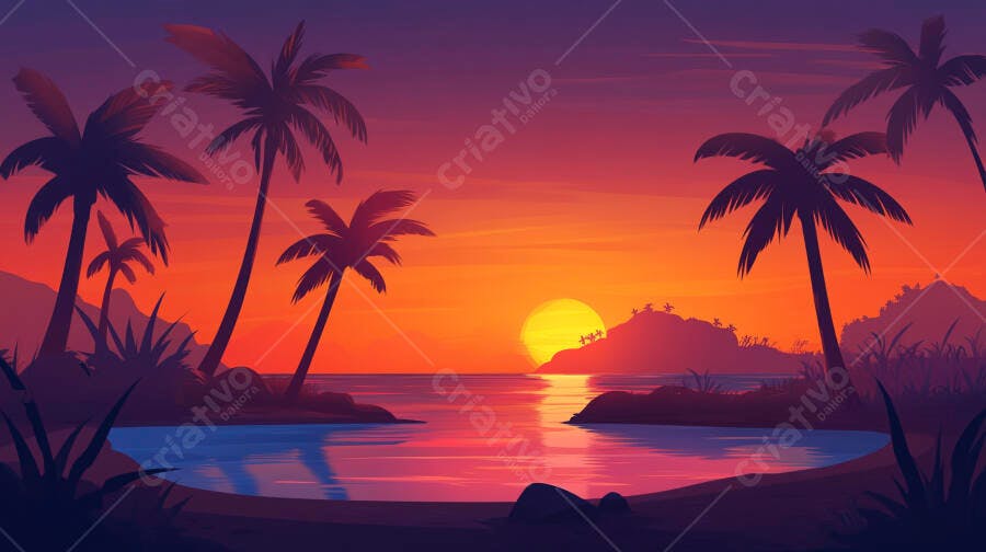 Pôr do sol tropical com palmeiras