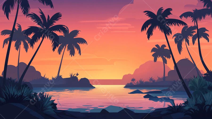 Por do sol tropical com palmeiras