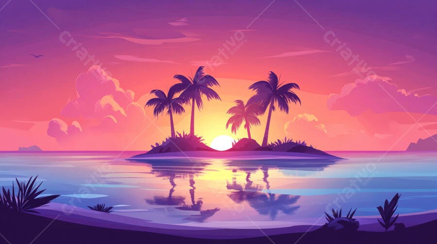 Pôr do sol tropical com coqueiros em ilha paradisíaca