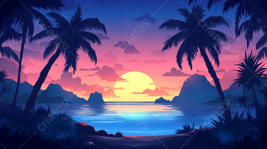Pôr do sol tropical com palmeiras