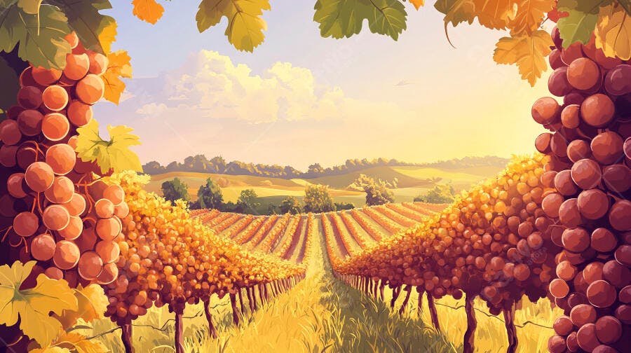 Vinhedo com uvas maduras ao entardecer
