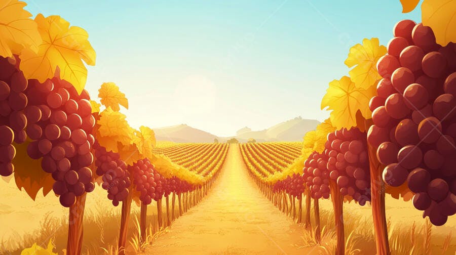 Vinhedo com uvas maduras ao entardecer