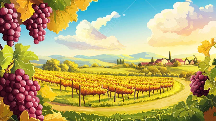 Videira de uvas em vinhedo ao entardecer