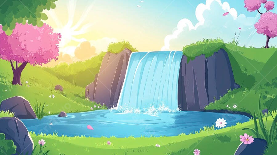 Cachoeira em paisagem primaveril florida