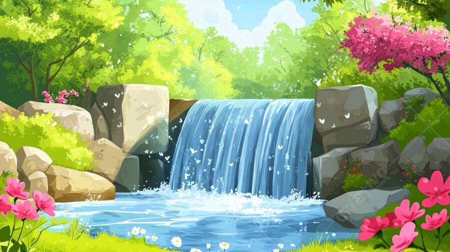 Cachoeira serena em jardim florido