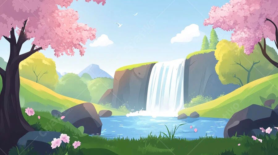 Cachoeira em paisagem primaveril florida